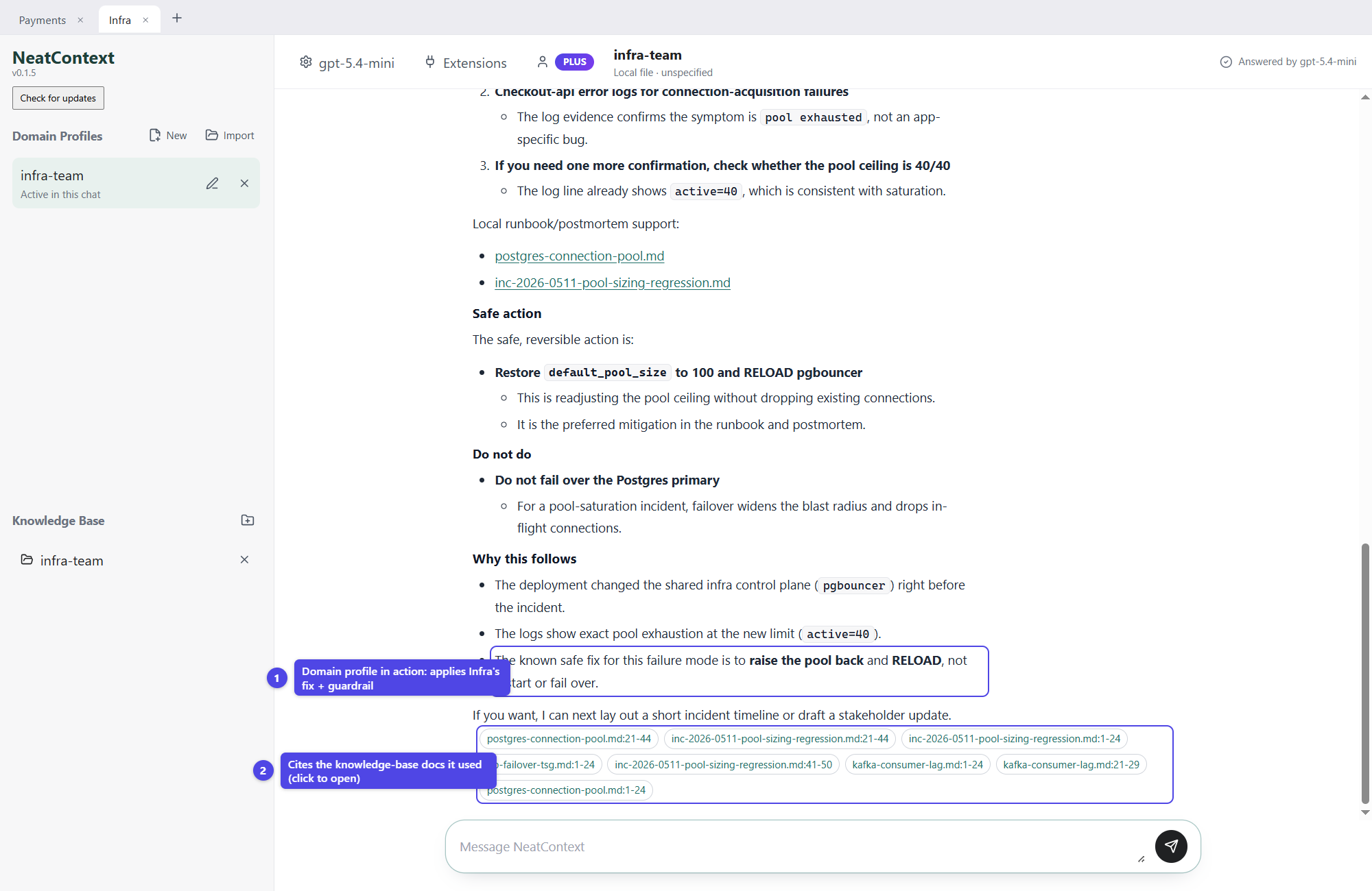 NeatContext analysis for the infrastructure team showing an actionable infrastructure response