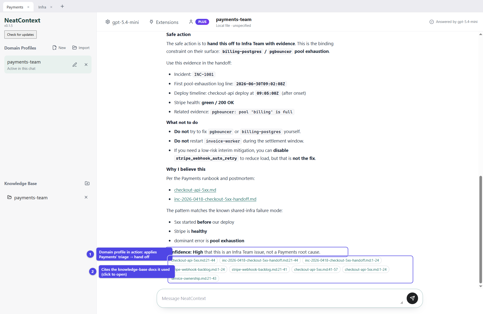 NeatContext analysis for the payment team showing that the incident should be handed off to infrastructure